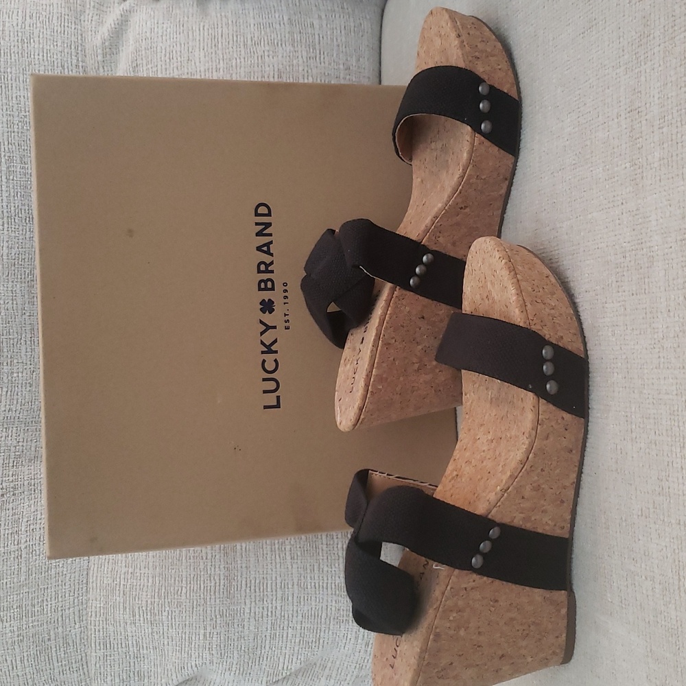 Lucky Brand Maxyne Cork Wedge Sandals Linen  Black Size 8.5 M Bohemian